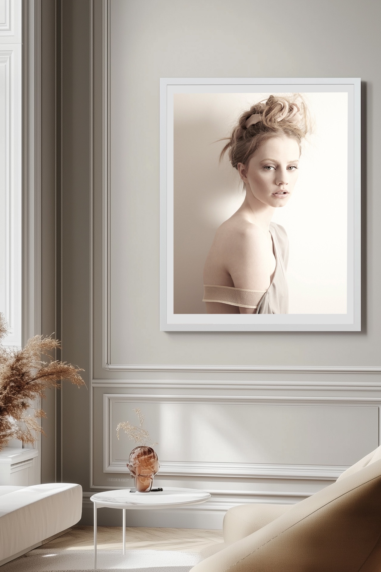 Ethereal Beauty 1 Framed fine art photograph of a woman with soft lighting and muted tones, displayed in an elegant, light-filled room.