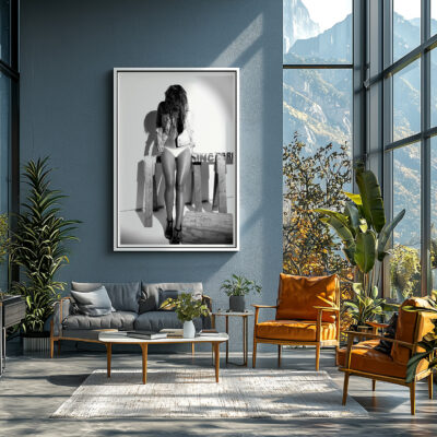 Shop 5 Framed print of 'Denim Noir' series in a modern living room by Lians Jadan Title: Denim Noir Art Display by Liäns Jadän
