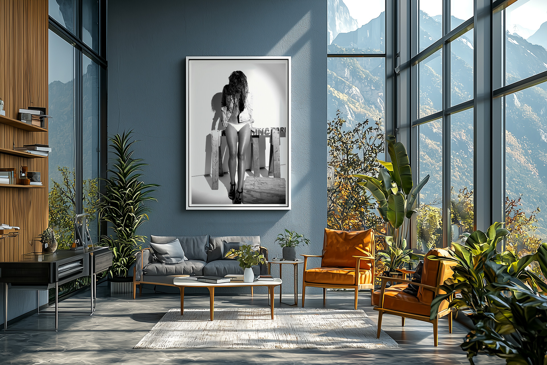 Denim Noir 1 Framed print of 'Denim Noir' series in a modern living room by Lians Jadan Title: Denim Noir Art Display by Liäns Jadän