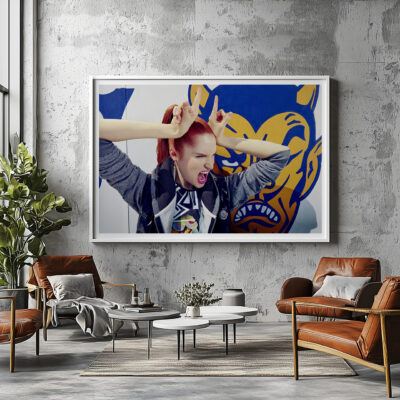 Shop 2 Framed portrait of 'Devil's Expression' by Liäns Jadän, displayed in a modern space with large windows and urban vibes.