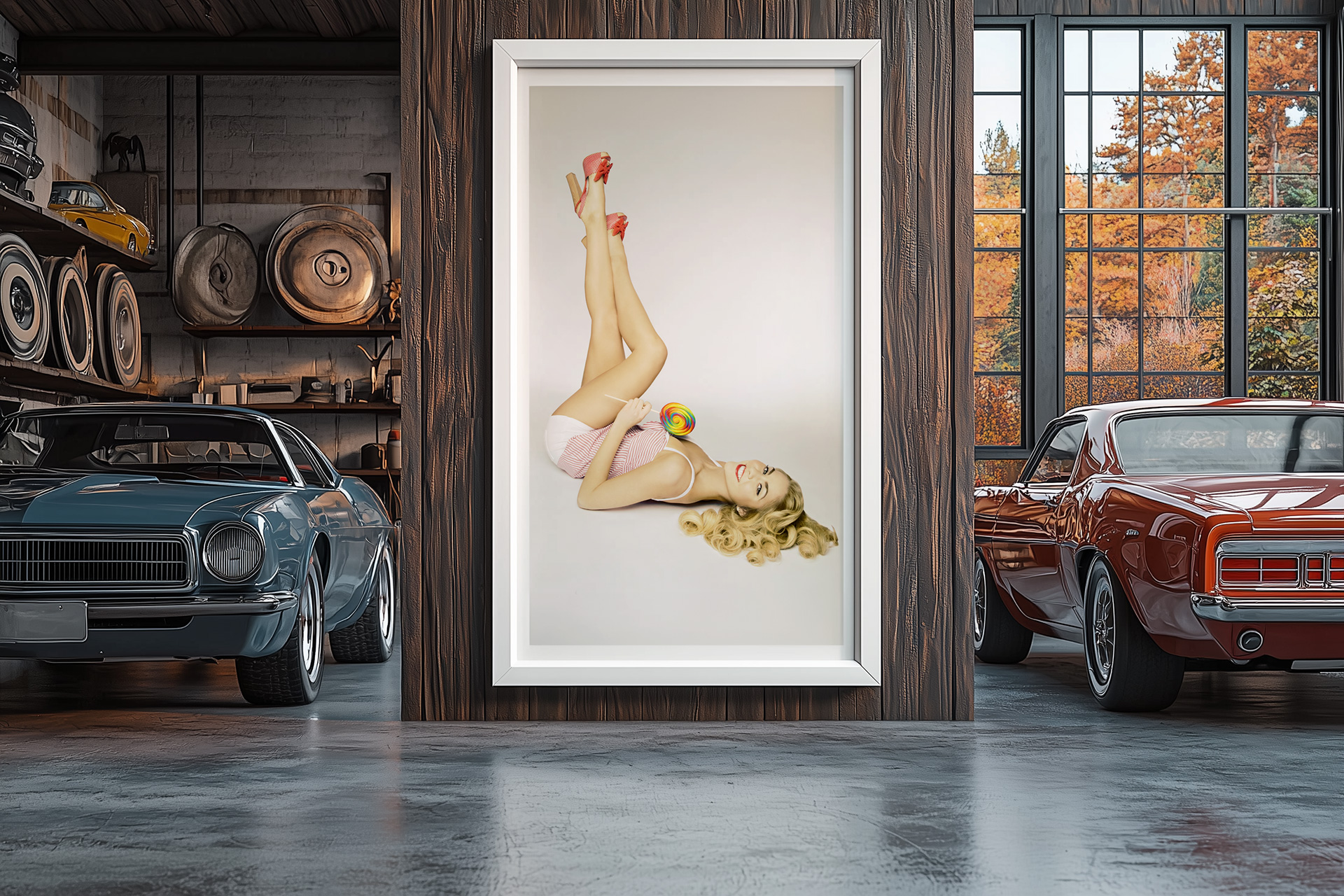 Lollipop Dream 1 Framed artwork of Miss America Kristen Haglund in a vintage garage, by Liäns Jadän.
