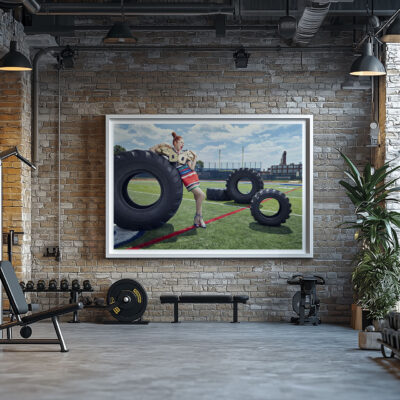 Shop 1 Framed portrait of 'Power Play' by Liäns Jadän, displayed in a modern gym space with brick walls and workout equipment.