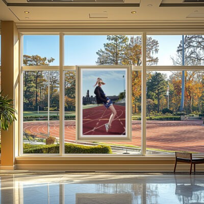 Shop 3 Framed portrait of 'Track Vibes' by Liäns Jadän, displayed in a modern space with large windows and a view of a track field.