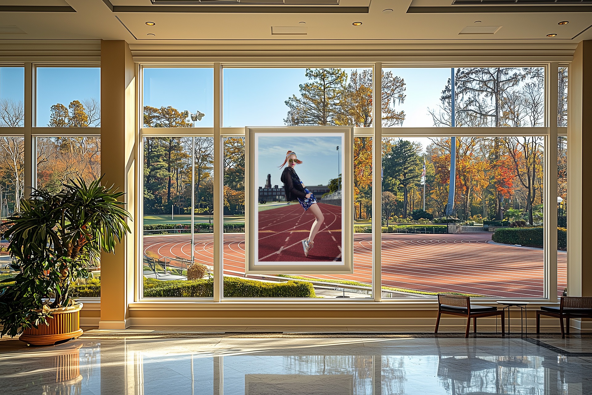 Track Vibes 1 Framed portrait of 'Track Vibes' by Liäns Jadän, displayed in a modern space with large windows and a view of a track field.